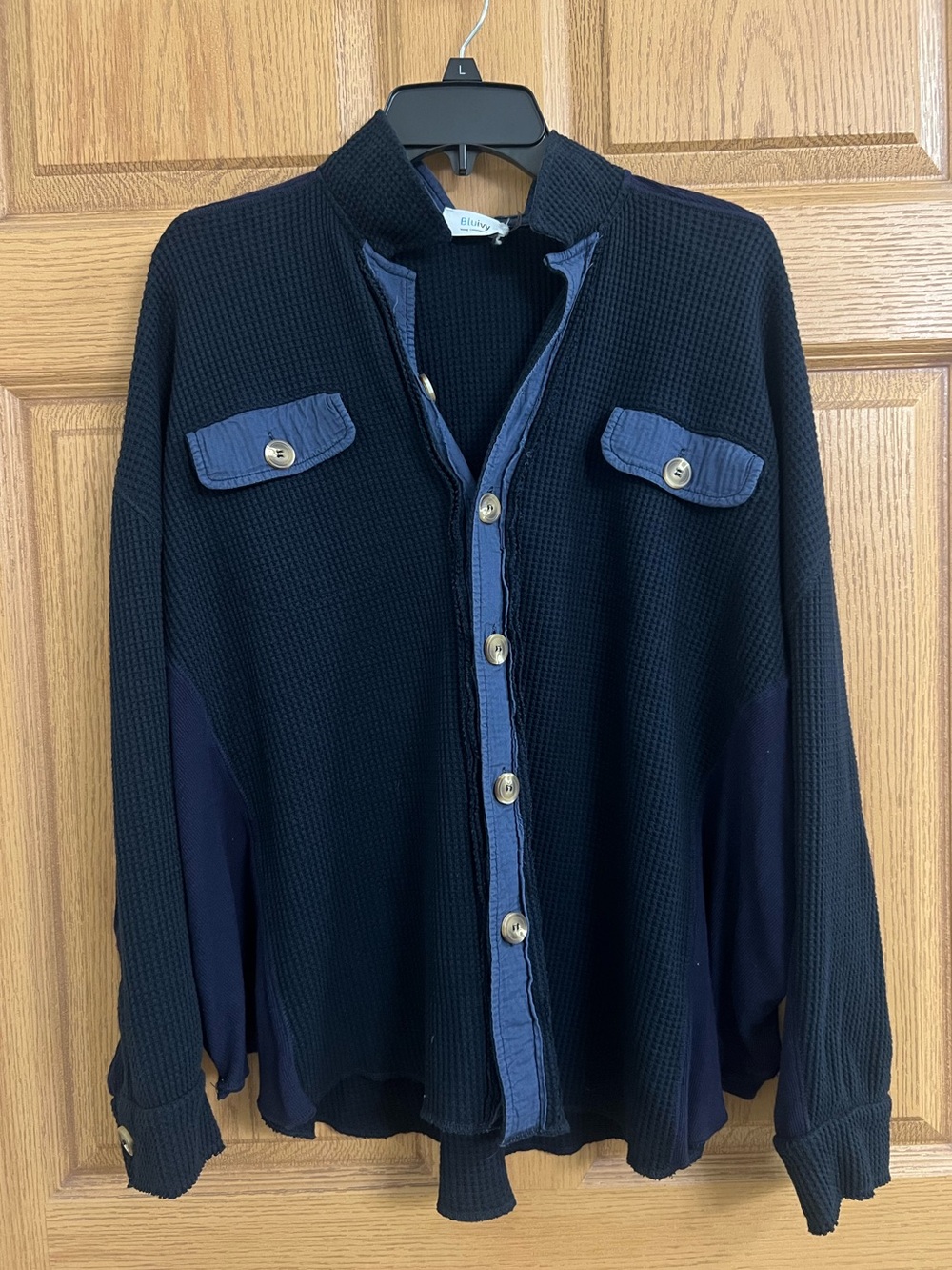 BluIvy Blue Thermal Button Down Top Waffle Knit Long Sleeve Relaxed Fit S/M